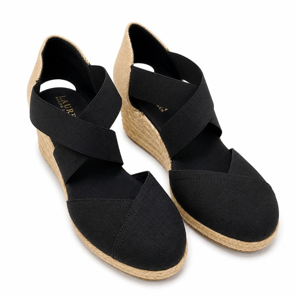 Lauren Ralph Lauren Black Canvas Espadrille Wedge Sandals